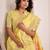 Women mustard yellow & pink floral printed linen silk blend saree