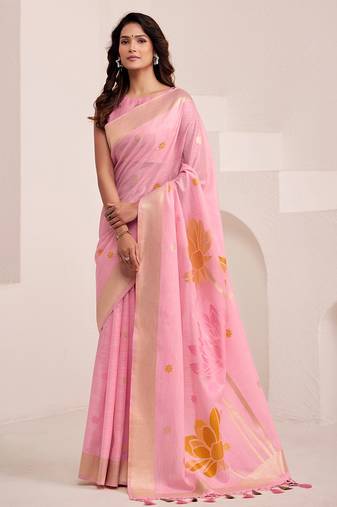 Women baby pink & orange floral printed linen silk blend saree