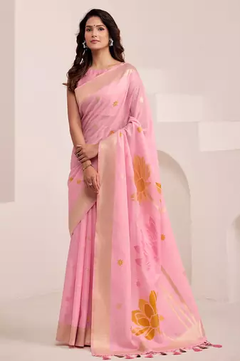 Women baby pink & orange floral printed linen silk blend saree