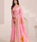 Women baby pink & orange floral printed linen silk blend saree