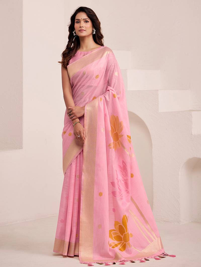 Women baby pink & orange floral printed linen silk blend saree