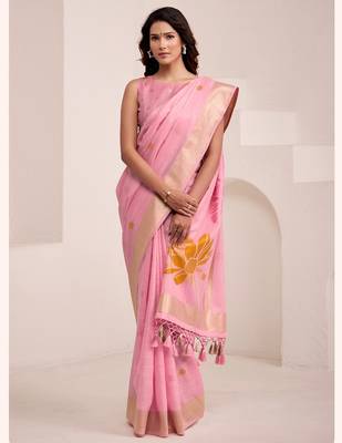Women baby pink & orange floral printed linen silk blend saree 2