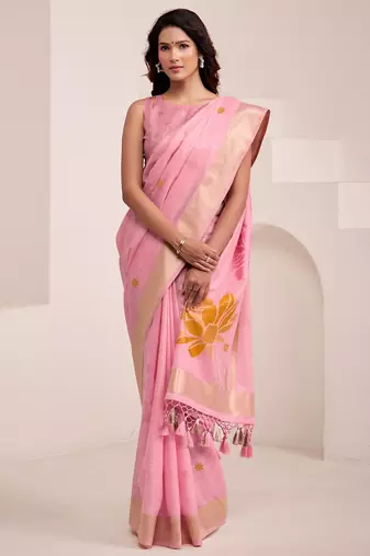Women baby pink & orange floral printed linen silk blend saree