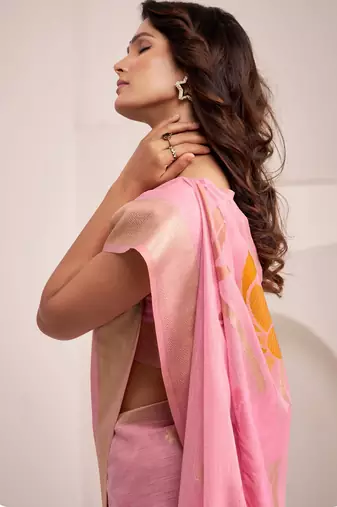 Women baby pink & orange floral printed linen silk blend saree