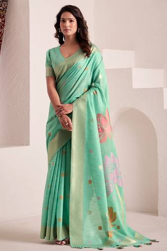 Women sea green & pink floral printed linen silk blend saree