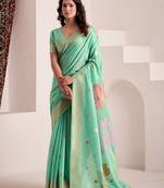 Women sea green & pink floral printed linen silk blend saree