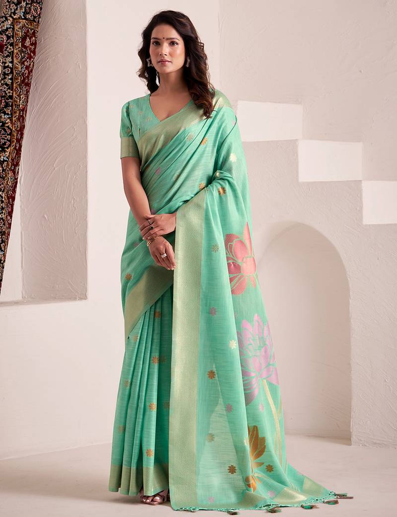 Women sea green & pink floral printed linen silk blend saree
