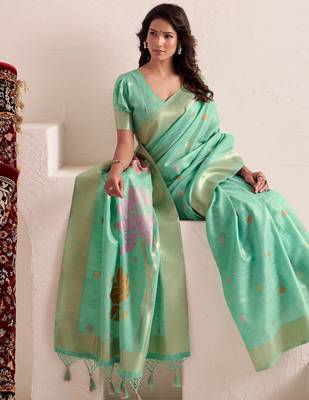 Women sea green & pink floral printed linen silk blend saree 2