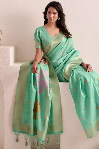 Women sea green & pink floral printed linen silk blend saree