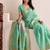 Women sea green & pink floral printed linen silk blend saree