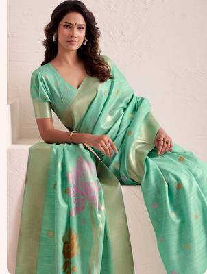 Women sea green & pink floral printed linen silk blend saree 3