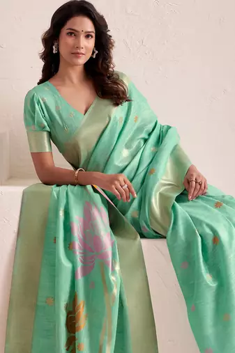 Women sea green & pink floral printed linen silk blend saree