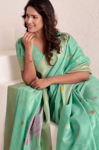 Women sea green & pink floral printed linen silk blend saree
