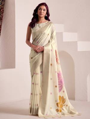 Women off-white & pink floral printed linen silk blend saree 1