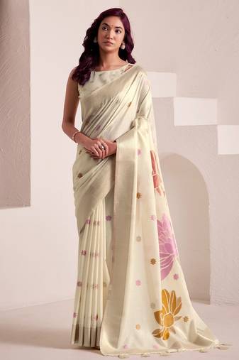 Women off-white & pink floral printed linen silk blend saree