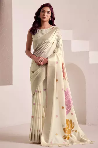 Women off-white & pink floral printed linen silk blend saree