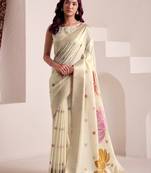 Women off-white & pink floral printed linen silk blend saree