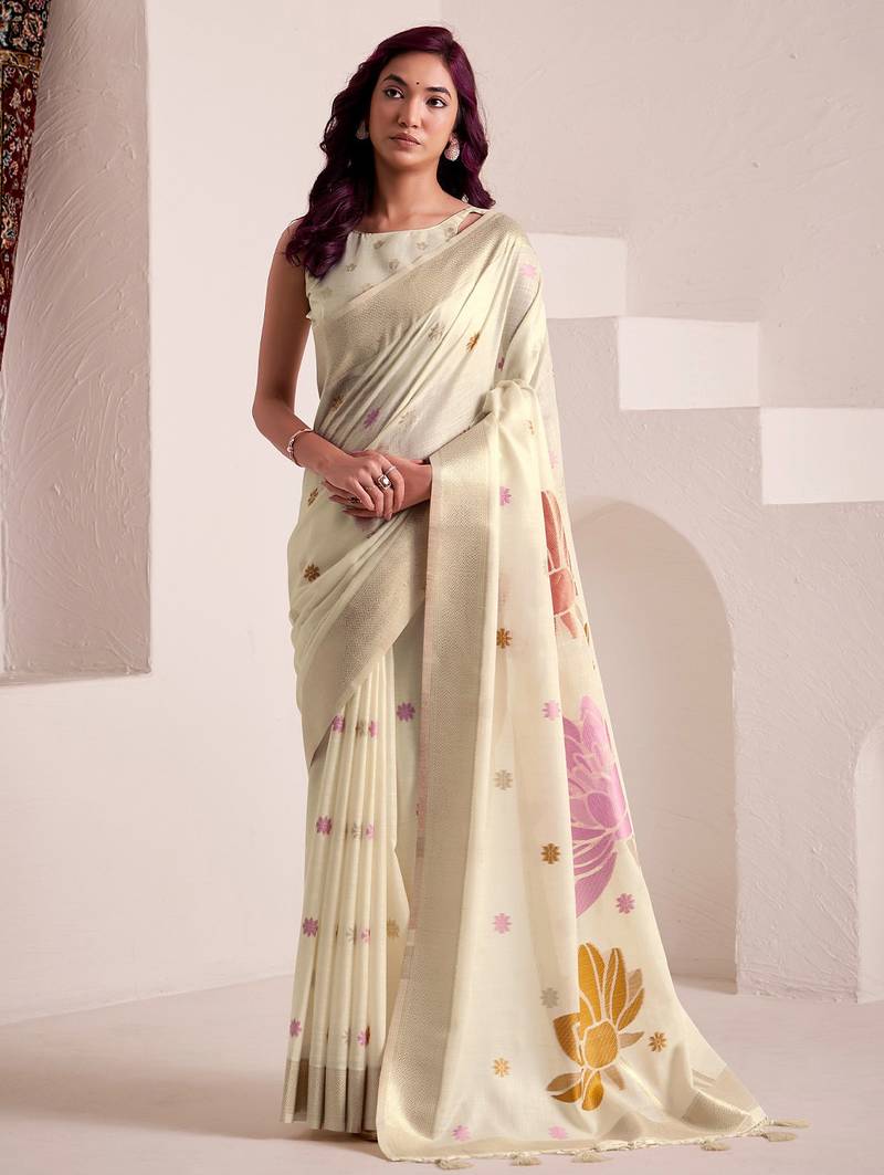Women off-white & pink floral printed linen silk blend saree