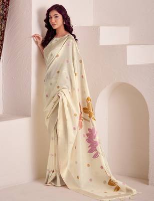 Women off-white & pink floral printed linen silk blend saree 2