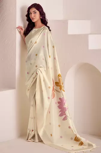 Women off-white & pink floral printed linen silk blend saree
