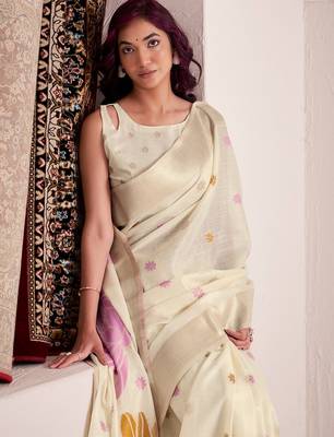 Women off-white & pink floral printed linen silk blend saree 3