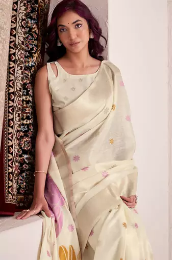 Women off-white & pink floral printed linen silk blend saree