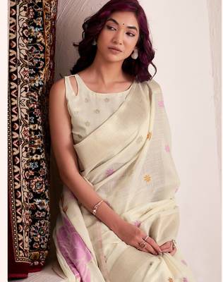 Women off-white & pink floral printed linen silk blend saree 4