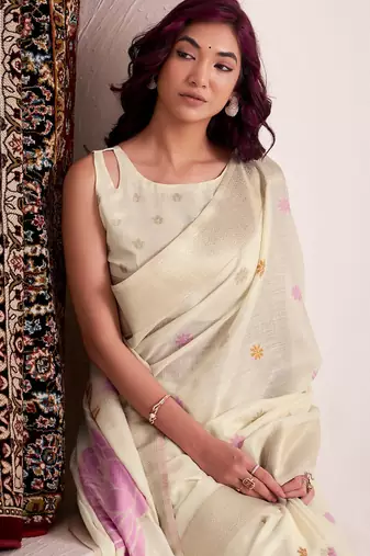 Women off-white & pink floral printed linen silk blend saree