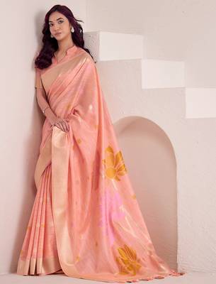 Women peach & yellow floral printed linen silk blend saree 1