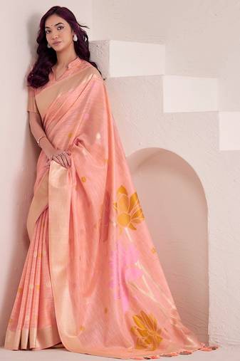Women peach & yellow floral printed linen silk blend saree