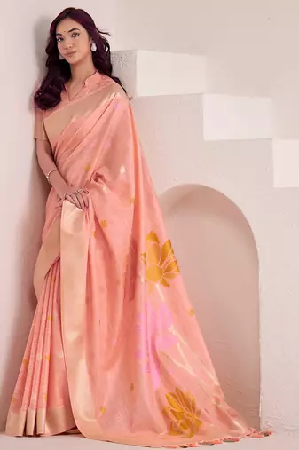 Women peach & yellow floral printed linen silk blend saree