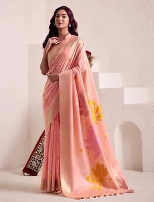 Women peach & yellow floral printed linen silk blend saree 2