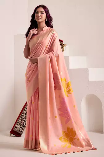 Women peach & yellow floral printed linen silk blend saree