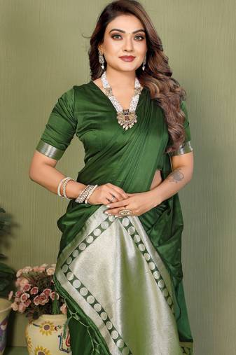 Mehendi Green Color Hand Dyed With Zari Woven Satin Silk Saree