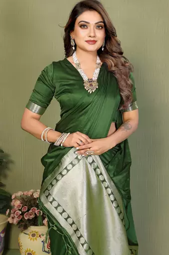 Mehendi Green Color Hand Dyed With Zari Woven Satin Silk Saree