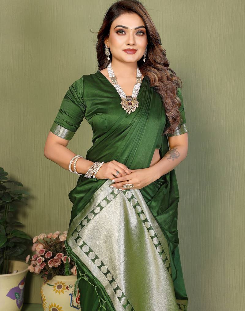 Mehendi Green Color Hand Dyed With Zari Woven Satin Silk Saree