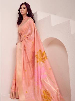 Women peach & yellow floral printed linen silk blend saree 3