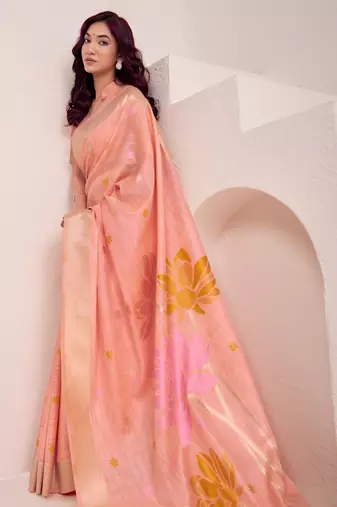 Women peach & yellow floral printed linen silk blend saree