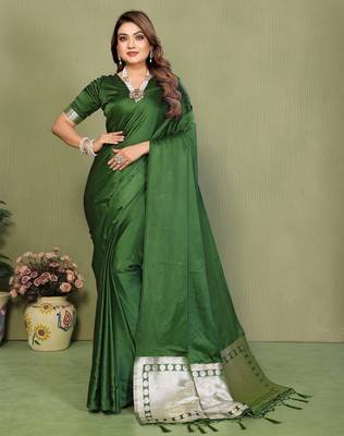 Mehendi Green Color Hand Dyed With Zari Woven Satin Silk Saree 2