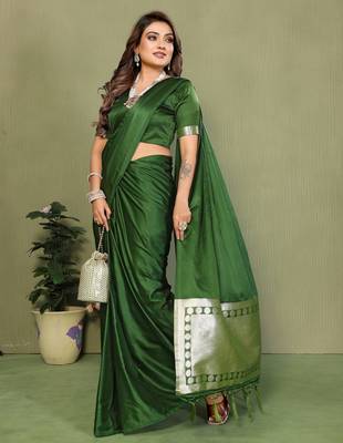 Mehendi Green Color Hand Dyed With Zari Woven Satin Silk Saree 3
