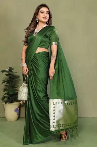 Mehendi Green Color Hand Dyed With Zari Woven Satin Silk Saree