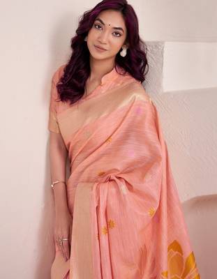 Women peach & yellow floral printed linen silk blend saree 4