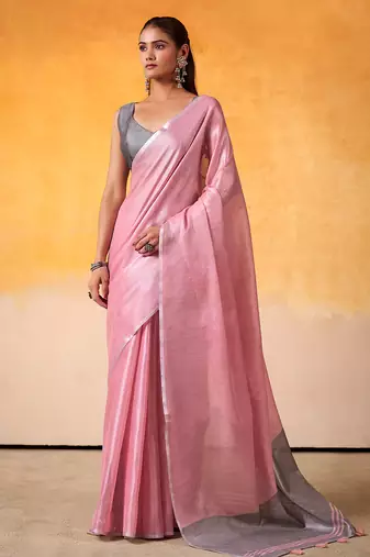 pink & silver-toned solid tissue linen saree with zari border