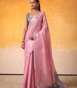 pink & silver-toned solid tissue linen saree with zari border