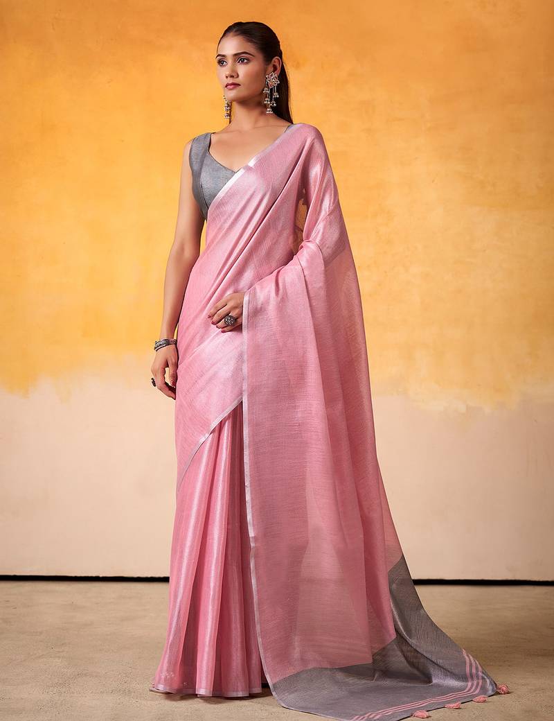 pink & silver-toned solid tissue linen saree with zari border