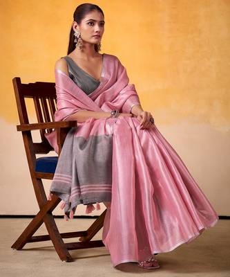 pink & silver-toned solid tissue linen saree with zari border 2