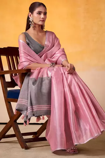 pink & silver-toned solid tissue linen saree with zari border