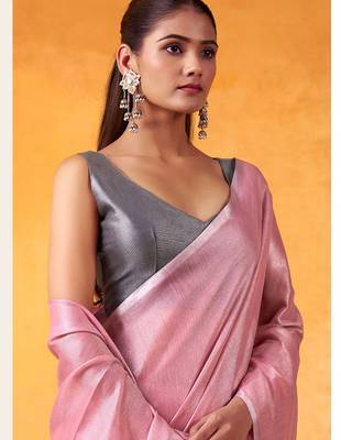pink & silver-toned solid tissue linen saree with zari border 4