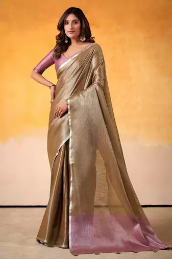 bronze & lavender solid tissue linen saree with zari border