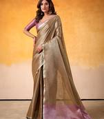 bronze & lavender solid tissue linen saree with zari border
